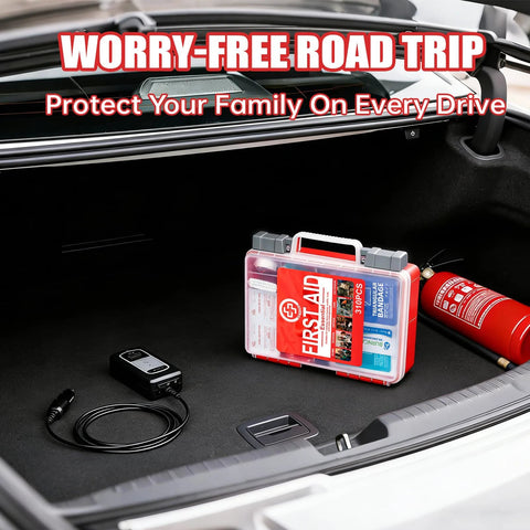 First aid kit in a red hard plastic case, 310 pieces, placed in car trunk with a charger and fire extinguisher.