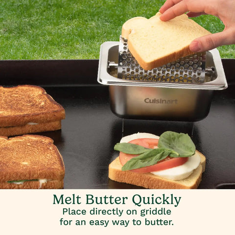 Stainless Steel Butter Wheel For Griddles And Grills Raised Bottom Butter Roller in use, melting butter on bread for easy BBQ grilling