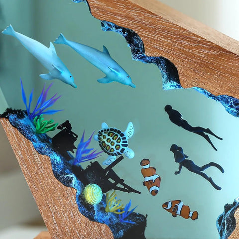 Dope Ocean Dolphin Resin Lamp Night Light With USB Port Epoxy Scuba Diver Scene Featuring Dolphins Turtles And Coral Marine Life