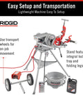 Model 300 Power Drive Complete Pipe Threading Machine, 38 RPM, includes die heads, oiler, stand, and transport wheels visible