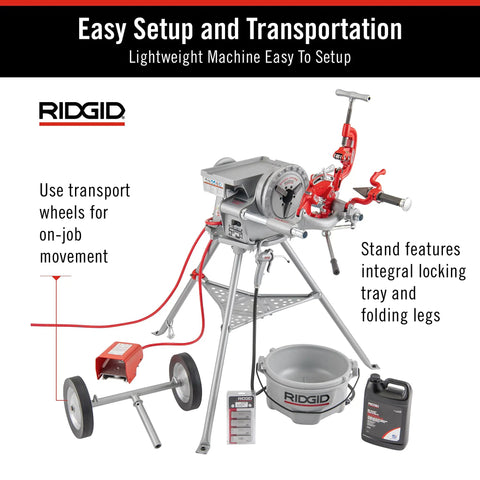 Model 300 Power Drive Complete Pipe Threading Machine, 38 RPM, includes die heads, oiler, stand, and transport wheels visible