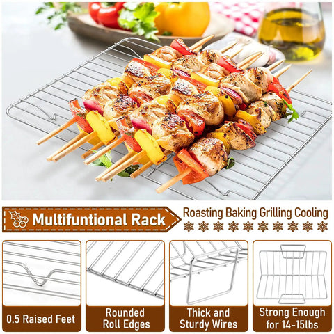 Heavy Duty Stainless Steel Roasting Pan Set With Rack For Turkey And Chicken, multifunctional cooling rack with skewers