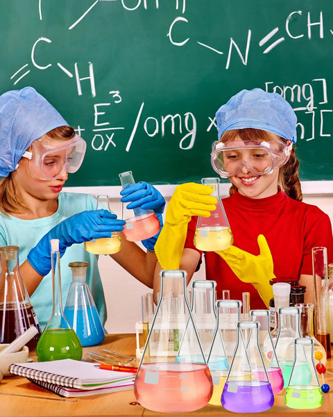 Children in lab coats using Nine Piece Glass Erlenmeyer Flask Set With Stirring Rods, 7 Sizes From 50ml To 500ml for science experiment.
