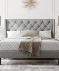 Super Solid Queen Bed Frame With Upholstered Wingback Headboard And Heavy Duty Wooden Slats Support, Noise Free Platform Bed With No Sweat Setup And Darn Good Build Quality, Light Gray, featuring tufted headboard and soft bedding.