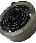 Close-up of Tempered Steel Loop End Clock Mainspring 3/4 x 0.018 x 96 Inches for Clock Repair, coiled for analog clocks.