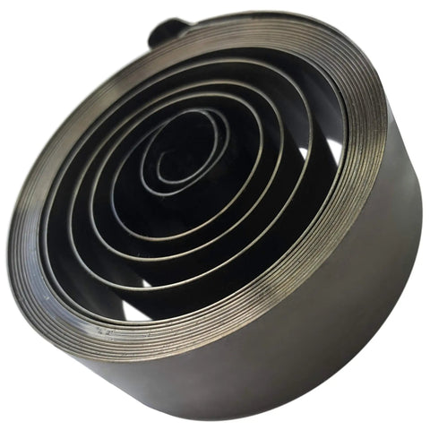 Close-up of Tempered Steel Loop End Clock Mainspring 3/4 x 0.018 x 96 Inches for Clock Repair, coiled for analog clocks.