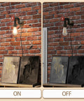 Water Pipe Wall Light Fixture Vintage Steampunk Sconce With Plug In Cord turned on and off against brick wall.
