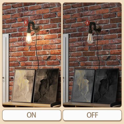 Water Pipe Wall Light Fixture Vintage Steampunk Sconce With Plug In Cord turned on and off against brick wall.
