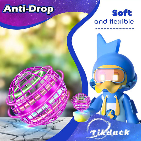 Flying Orb Ball Hand Controlled Drone For Kids Outdoors With Gyro AI Tech Spinner Boomerang Globe Toy next to colorful cartoon figure