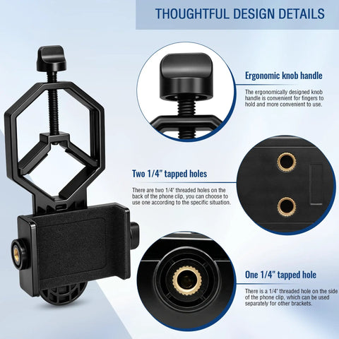 Smartphone Telescope Adapter Mount Universal Clip with ergonomic knob and tapped holes for telescopes, spotting scopes, binoculars.