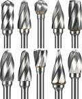 Ten carbide burrs with 1/8 inch shanks and wide-flute cut for rotary tools.