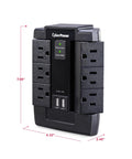 Six Swivel Outlet Surge Protector With 1200J Surge Protection, 125V, Two USB Ports, Wall Tap Design dimensions in inches