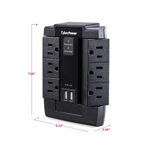 Six Swivel Outlet Surge Protector With 1200J Surge Protection, 125V, Two USB Ports, Wall Tap Design dimensions in inches