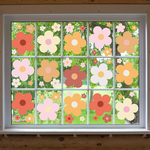 128 Pcs Colorful Flower Wall Sticker Set With Groovy Retro Hippie Vibe Boho Daisy Decals on window for vibrant room decor.