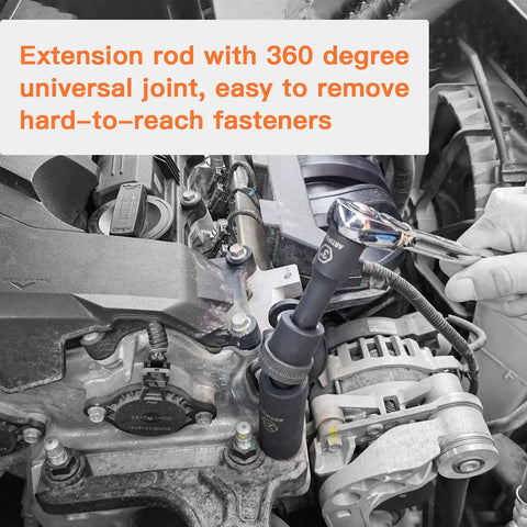 Mechanic uses One Half Inch Drive Deep Impact Socket Set 10mm Through 24mm No Skipped Sizes With Extension Bars Universal Joint And Adapter