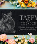 Custom Rabbit Memorial Stone For Outdoor Gardens And Gravesite, Bunny Grave Marker With Personal Engraving, Heartfelt Pet Loss Memorial Headstone To Keep Your Furry Friend For Keeps, featuring Taffy's engraved tribute in black granite.