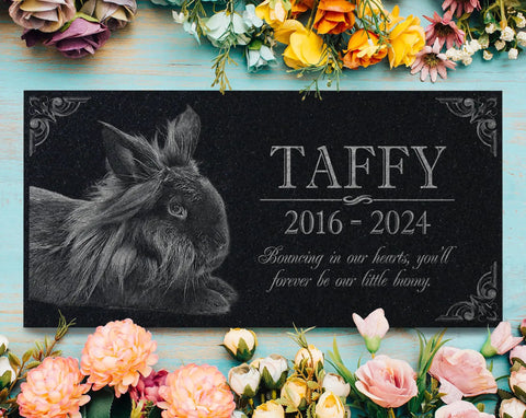 Custom Rabbit Memorial Stone For Outdoor Gardens And Gravesite, Bunny Grave Marker With Personal Engraving, Heartfelt Pet Loss Memorial Headstone To Keep Your Furry Friend For Keeps, featuring Taffy's engraved tribute in black granite.
