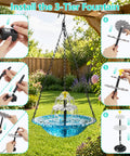 Instructional image showing the assembly of a solar hanging bird bath fountain with cascading water effect for garden patio and backyard.