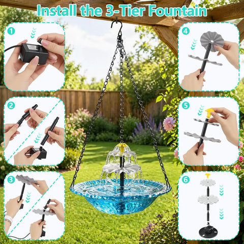 Instructional image showing the assembly of a solar hanging bird bath fountain with cascading water effect for garden patio and backyard.