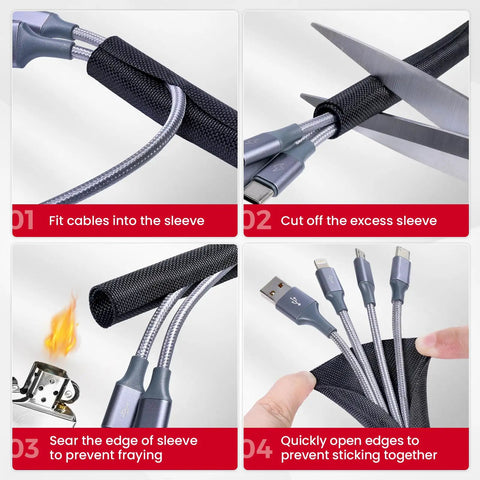 Split Wire Loom Braided Mesh Cable Sleeve for wires and cables, showing step-by-step DIY setup, heat resistant, self-wrapping.