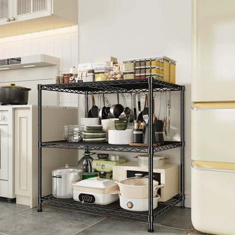 Beefy 3 Tier Adjustable Heavy Duty Metal Shelving Unit With Wire Storage Rack For Garage Pantry Or Workshop Sturdy Steel Shelves That Max Out Your Space Easy Assembly Flexible Tier Heights, black steel kitchen shelving with cookware and pantry storage