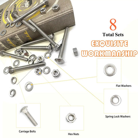 Built Like A Tank 5/16X3 Inch Carriage Bolts Square Neck Stainless Steel With Hex Nuts Flat Washers Spring Lock Washers Rust Proof Screw Assortment Kit showing fasteners and washers on a book.