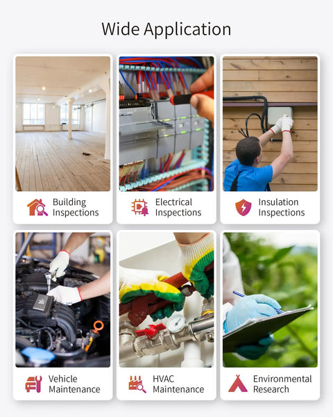 Image showing various uses of Infrared Thermal Camera FI160S: building, electrical, insulation inspections, vehicle maintenance, HVAC, environmental research.