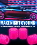 Eight Pack Fluorescent Glow Tire Valve Stem Caps Lit Car Tire Air Caps That Are Corrosion Resistant And Leak Proof Wheel Valve Covers Universal Fit For Cars Trucks Bikes Motorcycles Bicycles Pink, glowing in front of sleek black car at night