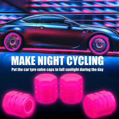 Eight Pack Fluorescent Glow Tire Valve Stem Caps Lit Car Tire Air Caps That Are Corrosion Resistant And Leak Proof Wheel Valve Covers Universal Fit For Cars Trucks Bikes Motorcycles Bicycles Pink, glowing in front of sleek black car at night