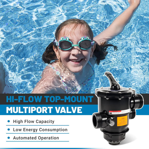 Top Mount Multiport Valve 2 Inch 6 Position Pool Filter Control Valve Replacement 263085 shown beside swimming pool
