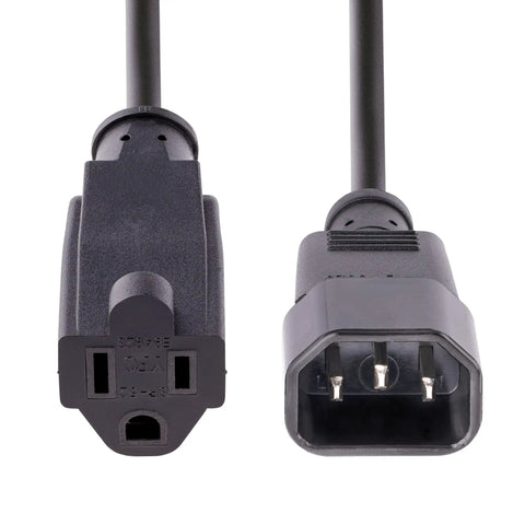 Compact 1ft Computer Power Extension Cord From IEC 60320 C14 To NEMA 5 15R For PC Server Or Home Office Gear 18AWG 125V 10A UL Listed Black Indoor Use AC Outlet Cable showing connector ends.