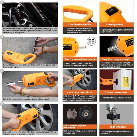 Compact 12V Electric Impact Wrench With Cigarette Lighter Plug High Torque Portable Tire Removal Tool For Car Truck Sedan Emergency Flat Tire Change No Battery Needed Easy Auto Repair detailed features layout.