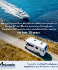 RV driving along coastal road with a marine vessel in the ocean, text about premium RV and marine products from Ambassador Marine.