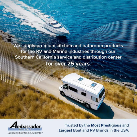 RV driving along coastal road with a marine vessel in the ocean, text about premium RV and marine products from Ambassador Marine.
