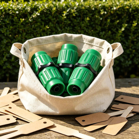 Heavy Duty Expandable Garden Hose Repair Kit With Dual Quick Connectors For 5/8 3/4 Inch Fittings Fits 25 50 75 100 Feet Leaks Green Color 4 Pack Set Drip Irrigation Parts For Easy Fix And Maintenance, green hose connectors in a canvas bag