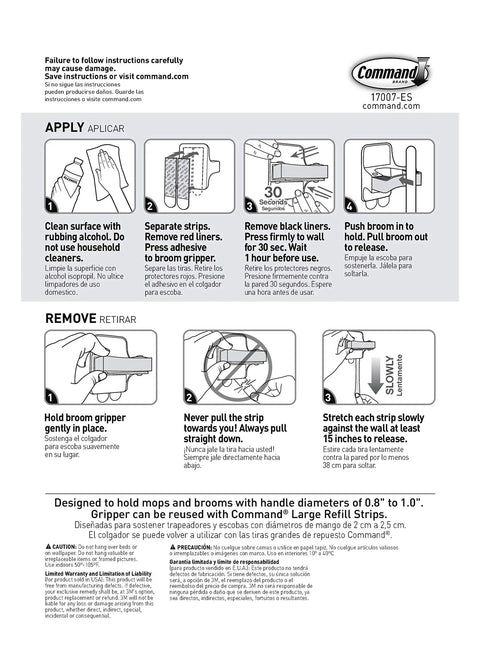 Instruction manual for Smooth Broom And Mop Gripper Organizer With Adhesive Strips For Damage Free Hanging Holds Up To Four Pounds.