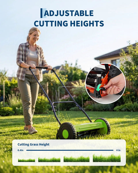 Push Reel Lawn Mower 16 Inch With 5 Blade Reel For Clean Scissor Like Cuts No Fuss Adjustable Cutting Height Walk Behind Mower For Small Yards Compact Manual Grass Cutter Green Finish For Eco Friendly Yard Care, woman adjusting height
