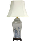 Blue And White Spring Forest Porcelain Vase Lamp Hand Crafted Chinese Porcelain With Hand Painted Winter Trees And Birds Includes Fabric Shade And Built In Wooden Base Delivers Classic Vintage Vibe And Uses A 100 Watt 3 Way Bulb