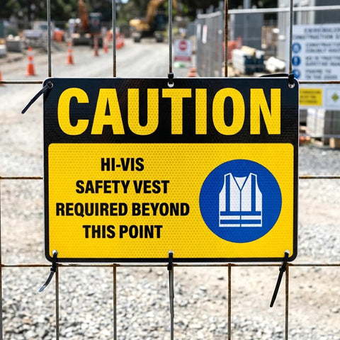 Caution Hi Vis Safety Vest Required Beyond This Point Sign on 14x10 in aluminum fence, construction site entrance