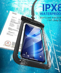 Keep It Dry No Stress Totally Waterproof Phone Pouch 2 Pack IPX8 Certified, shown submerged with phone and certification document.