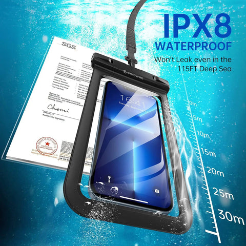 Keep It Dry No Stress Totally Waterproof Phone Pouch 2 Pack IPX8 Certified, shown submerged with phone and certification document.