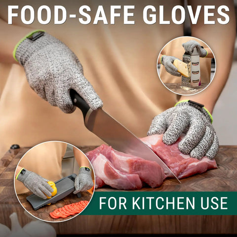 Cut Resistant Wood Carving Gloves Level 5 For Whittling, Woodworking And Food Prep, used while slicing meat in kitchen