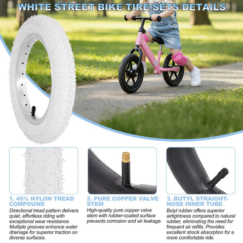 Diagram showcasing Two Pack 12.5x2.25 White Bicycle Tires With Inner Tubes For Kids Bikes And Strollers, 54-203, on grass with toddler bike.