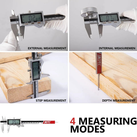 Rechargeable 8 Inch Digital Caliper With Stainless Steel Vernier Micrometer, showing external, internal, step, depth measurements