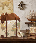 13 Inch Large Vintage Map Suitcase Gift Bag Set With Brown Tissue Paper Envelope And World Map Card For Retirement Travel Farewell Gifts open