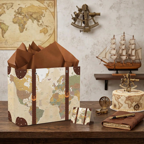 13 Inch Large Vintage Map Suitcase Gift Bag Set With Brown Tissue Paper Envelope And World Map Card For Retirement Travel Farewell Gifts open
