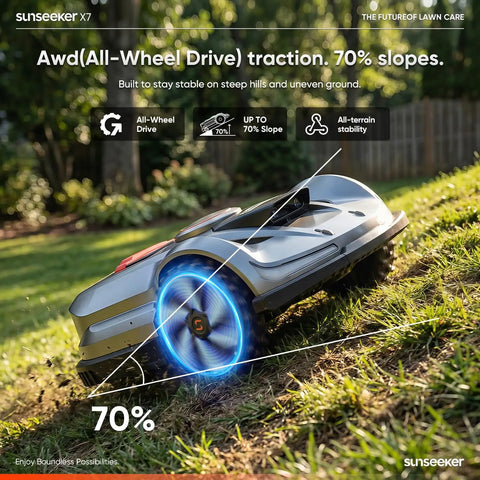Wireless Robot Lawn Mower For Medium To Large Yards Up To 0.75 Acre tackling steep grassy slope with all-wheel drive