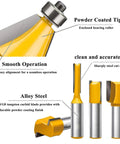 Quarter Inch Shank Crown Molding Router Bit Set Pro Grade 41 Piece Kit With Corner Round Edge Forming Beading Woodworking Milling Tools Carbide For Drawer Door Cabinet CNC Router Bits showing four yellow carbide bits with labeled features such as powder coated tip and alloy steel.