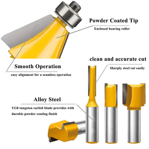 Quarter Inch Shank Crown Molding Router Bit Set Pro Grade 41 Piece Kit With Corner Round Edge Forming Beading Woodworking Milling Tools Carbide For Drawer Door Cabinet CNC Router Bits showing four yellow carbide bits with labeled features such as powder coated tip and alloy steel.