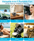 Car Clip On Fan With LED Display shown in car, office, neck, beach chair, stroller, and golf cart use with 360 degree rotation.
